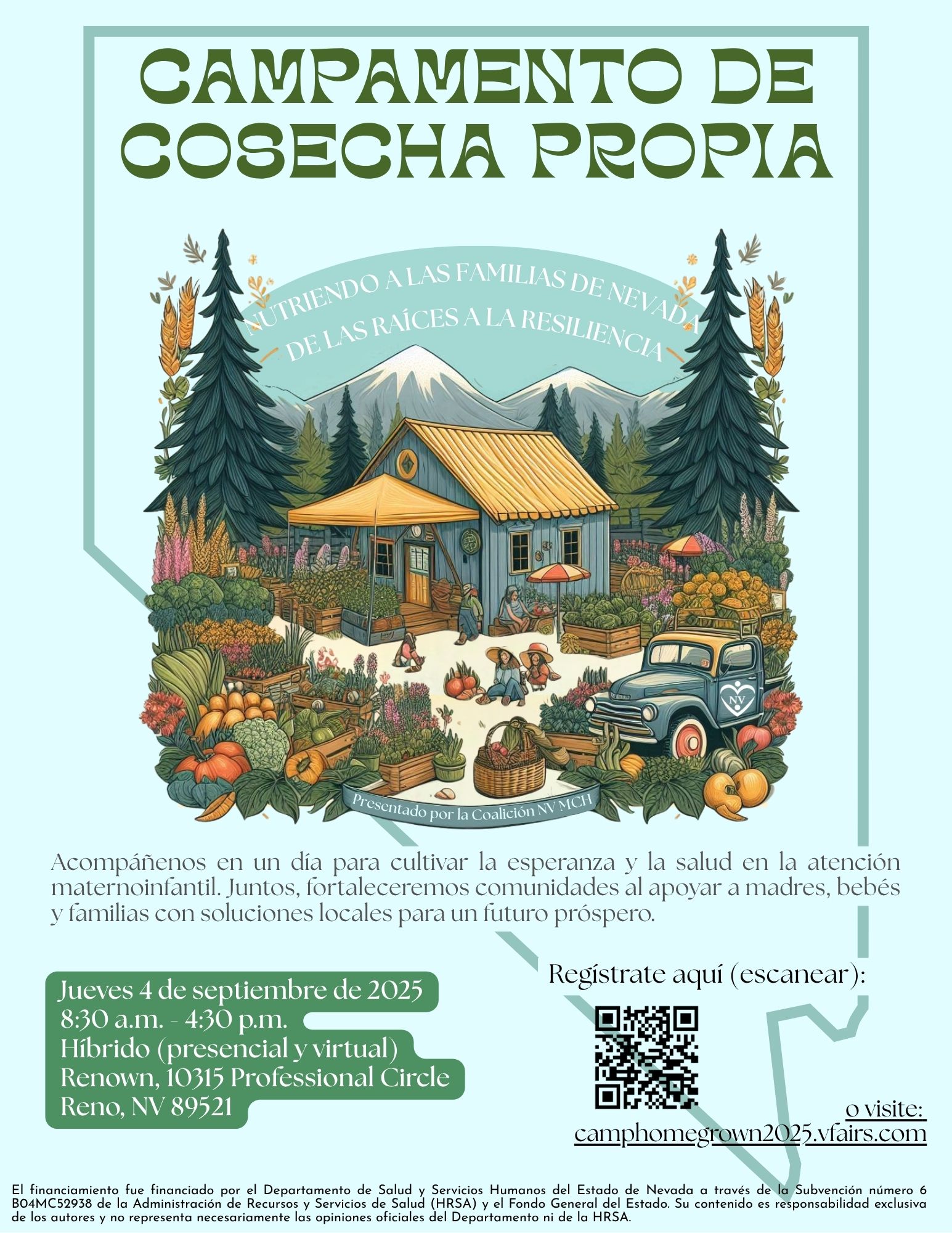 Folleto de evento de Campamento de productos locales, luz borrosa con texto verde, foto animada de una cabaña con toneladas de productos creciendo afuera.