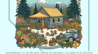 Folleto de evento de Campamento de productos locales, luz borrosa con texto verde, foto animada de una cabaña con toneladas de productos creciendo afuera.