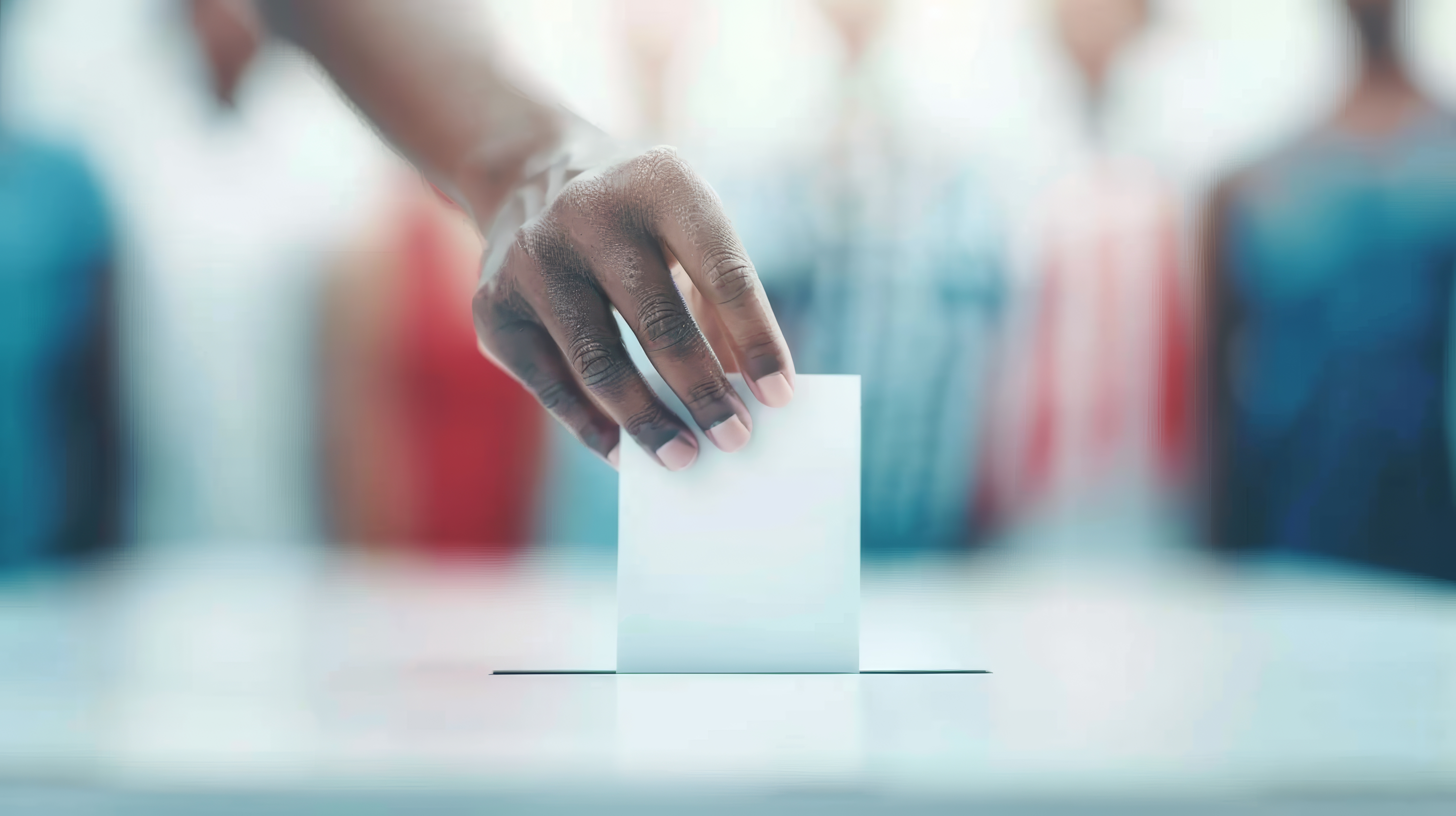 Una mano frente a un fondo borroso de una zona de votación. La mano está depositando su voto en una urna
