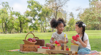 Dos chicas jóvenes haciendo un picnic en un parque sobre el césped verde, con una cesta de picnic con manzanas.