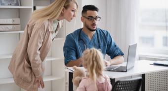 Mujeres rubias y una chica rubia hablando con un profesional médico en su casa.