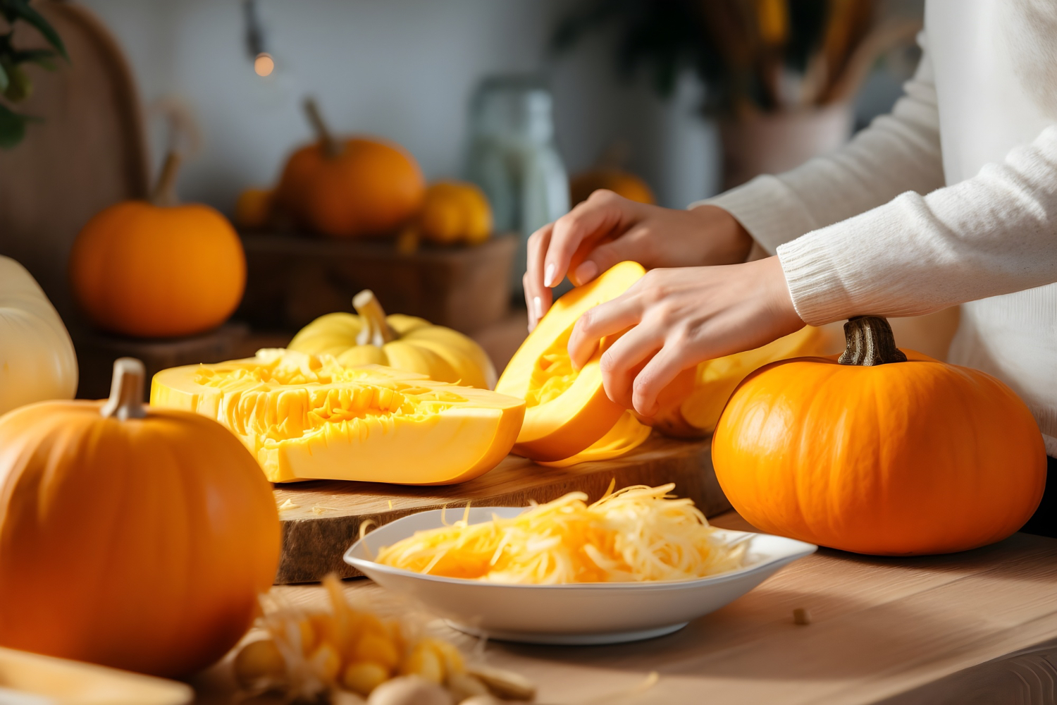 Configuración de cocina con múltiples calabazas que se utilizan para recetas y comidas.