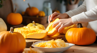 Configuración de cocina con múltiples calabazas que se utilizan para recetas y comidas.