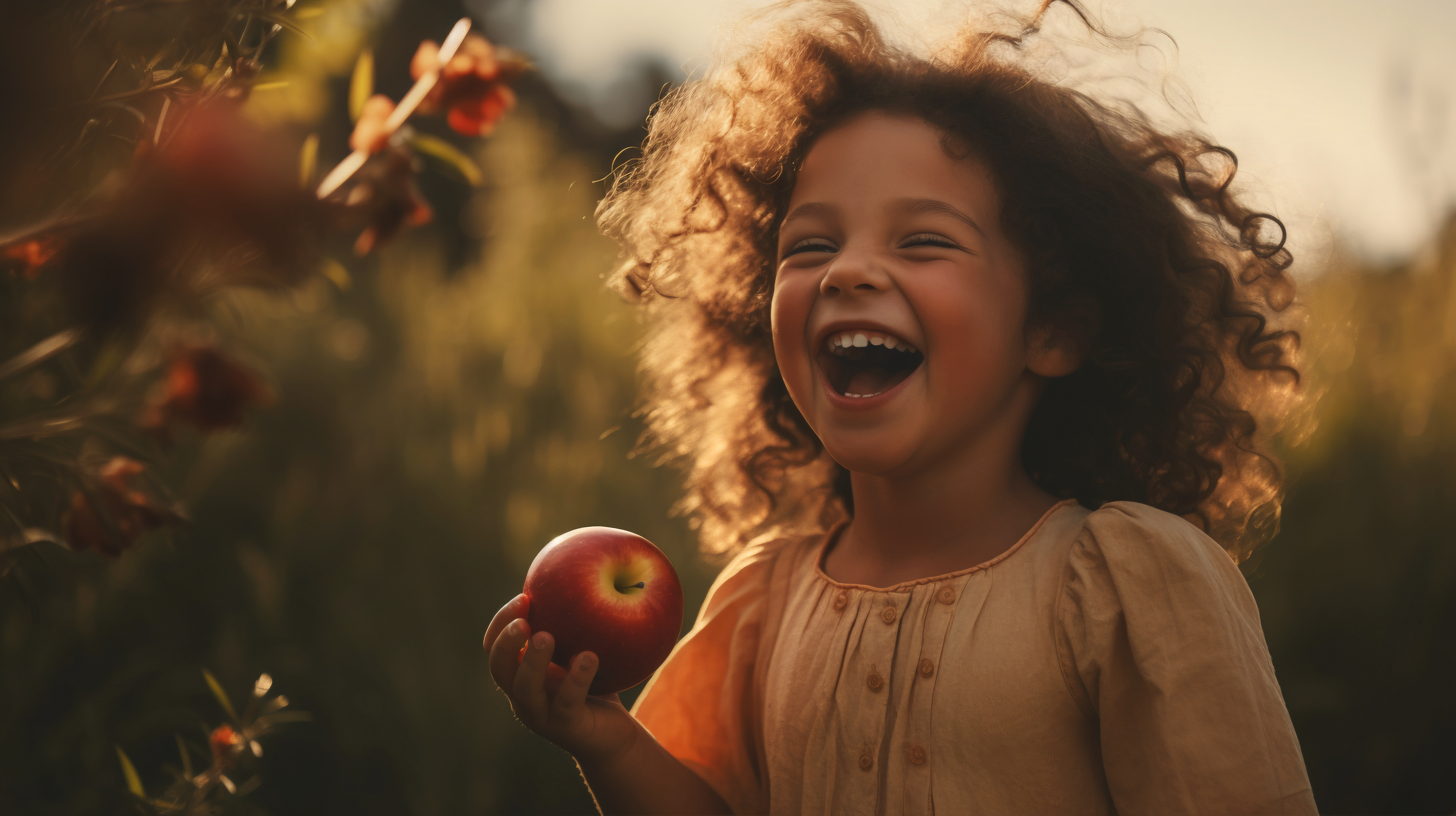 Niña con una enorme sonrisa en su rostro sosteniendo una manzana roja en un entorno al aire libre durante la puesta del sol